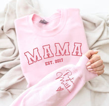 Load image into Gallery viewer, Est MAMA heart on sleeve sweatshirt.