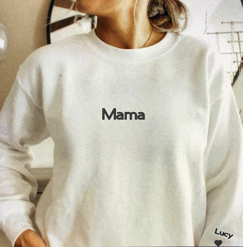 Mama wears heart on sleeve sweater 
