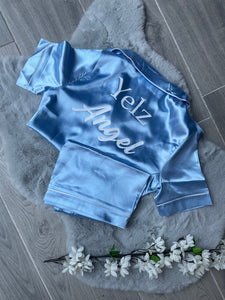Ladies Personalised Light blue Satin Pyjama Shorts Set