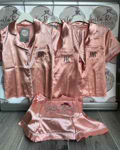 Kids Personalised Rose pink Satin Pyjama Shorts Set matching