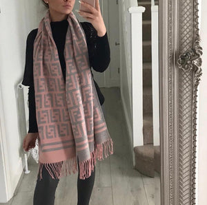f print pink grey reversible cashmere scarf