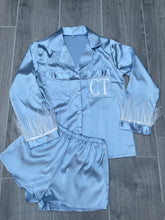 Load image into Gallery viewer, Blue Satin feather plain or personalised Pyjama Shorts Set