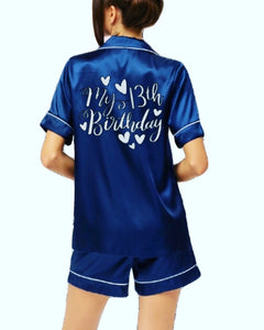 Teenager 13th Birthday Personalised Navy Satin Pyjama Shorts Set matching