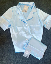 Load image into Gallery viewer, Kids Personalised Light blue Satin Pyjama Shorts Set matching