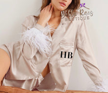 Load image into Gallery viewer, satin feather pyjamas bridesmaid brides pjs 