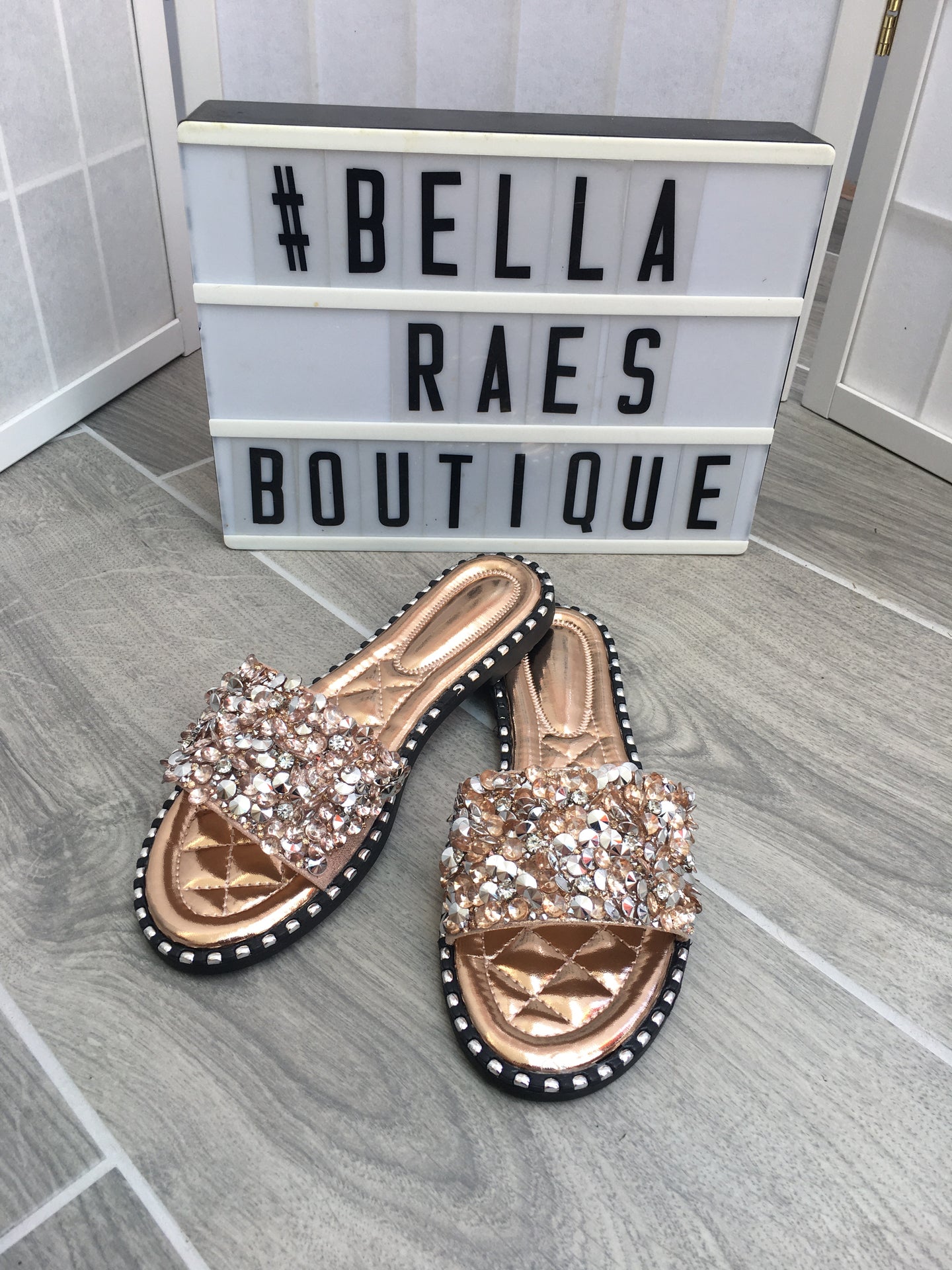 rose gold diamante sliders slippers shoes