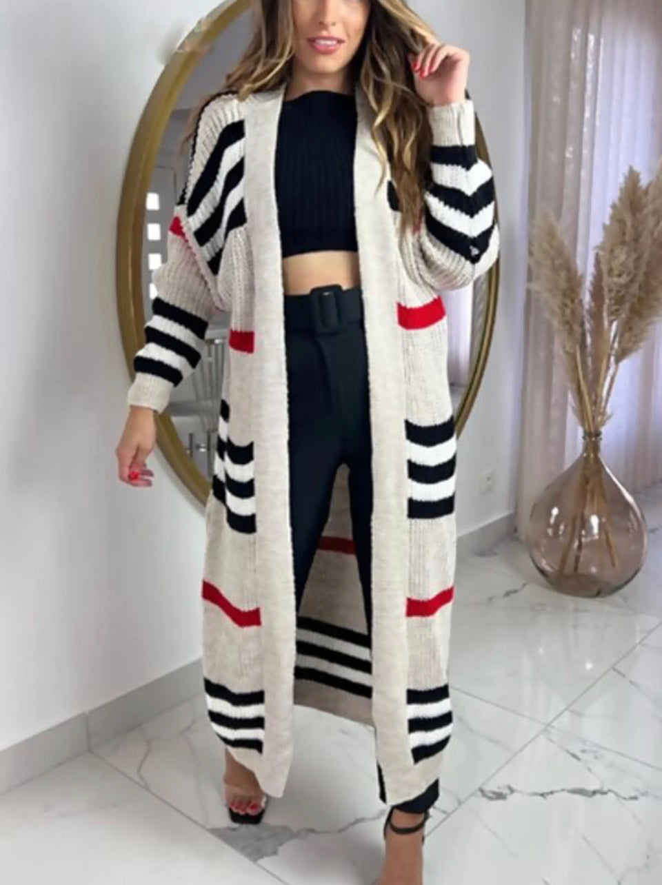 Cream Stripe oversized cardigan