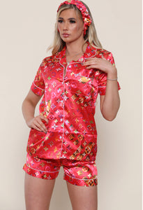 Luxury 3 Piece Pink Headband Pyjama Shorts Set