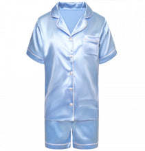Load image into Gallery viewer, Ladies Personalised Light blue Satin Pyjama Shorts Set