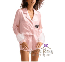 Load image into Gallery viewer, Pink satin feather plain or personalised Pyjama Shorts Set