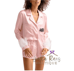 Pink satin feather plain or personalised Pyjama Shorts Set