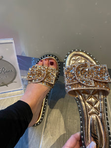 Ladies Rose Gold 3D Bow crushed diamanté Sliders