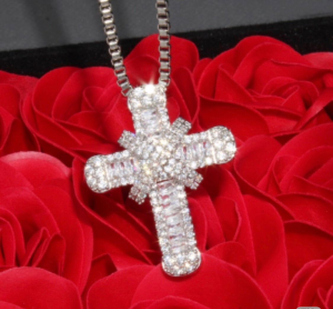 Silver zircon baguette Cross pendant necklace