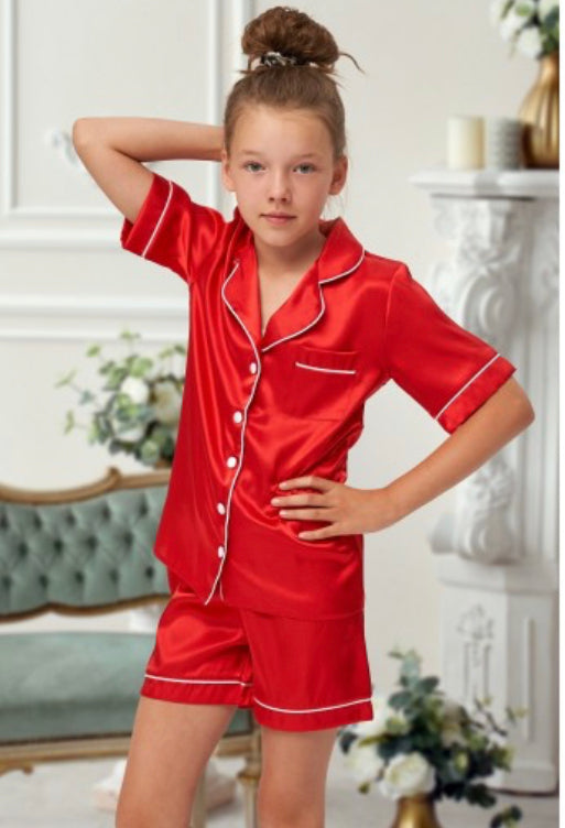 Kids Personalised Red Satin Pyjama Shorts Set