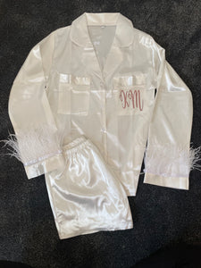 White Satin feather plain or personalised Pyjama Shorts Set