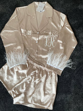 Load image into Gallery viewer, Champagne Satin feather plain or personalised Pyjama Shorts Set