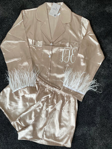 Champagne Satin feather plain or personalised Pyjama Shorts Set