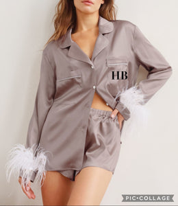 Dusty Rose Satin feather plain or personalised Pyjama Shorts Set