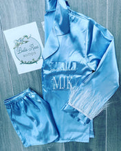 Load image into Gallery viewer, Blue Satin feather plain or personalised Pyjama Shorts Set