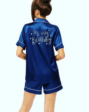 Load image into Gallery viewer, Teenager 13th Birthday Personalised Navy Satin Pyjama Shorts Set matching